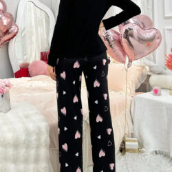 Women's Elegant Black Pajama Set with Heart Prints