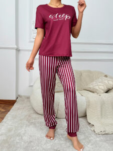 Women's Elegant Dark Red Pajama Set with Sleep Print and White Stripes