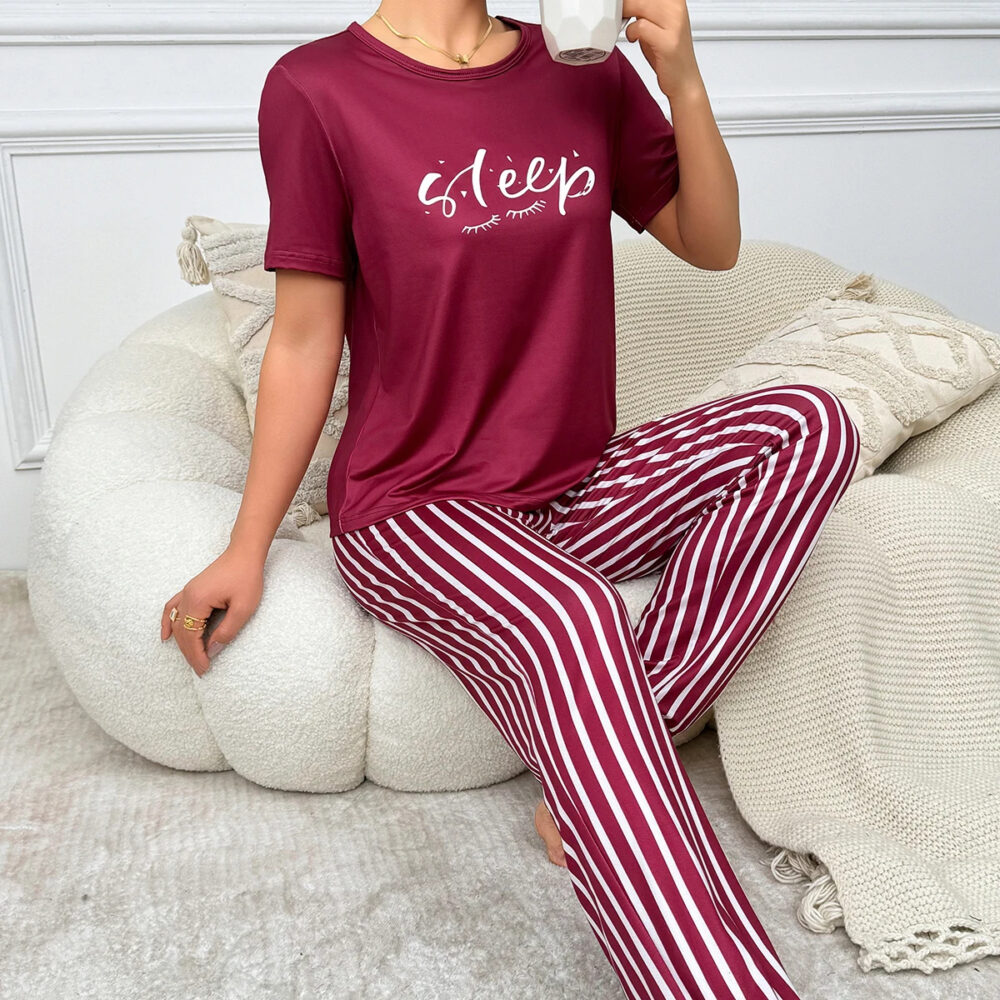 Women's Elegant Dark Red Pajama Set with Sleep Print and White Stripes