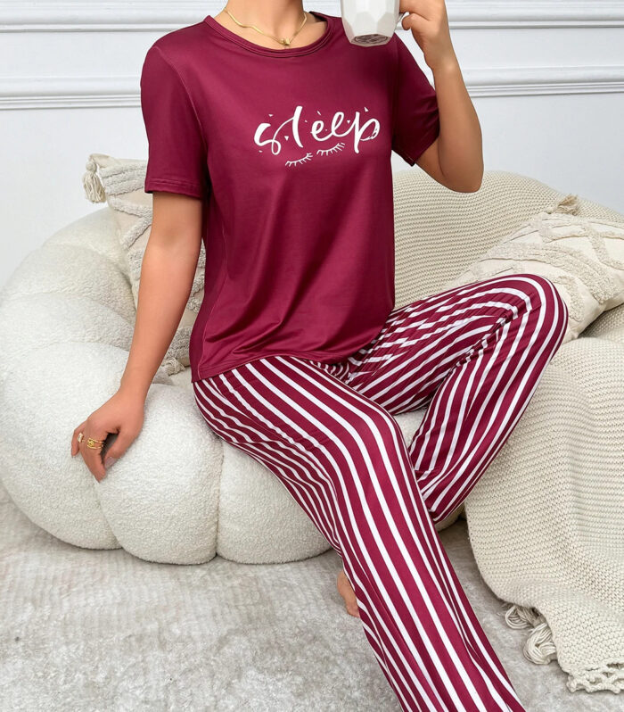 Women's Elegant Dark Red Pajama Set with Sleep Print and White Stripes