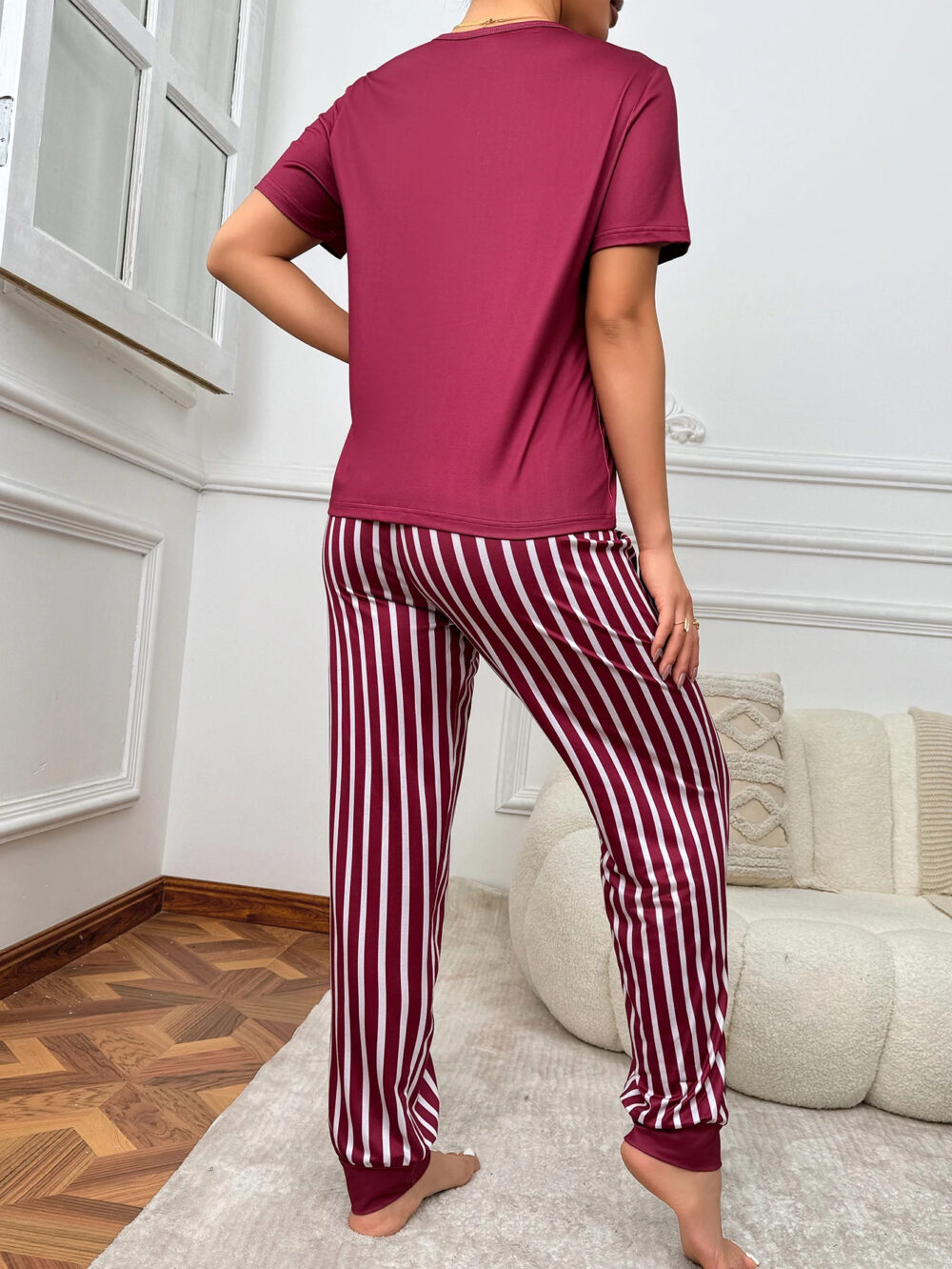 Women's Elegant Dark Red Pajama Set with Sleep Print and White Stripes