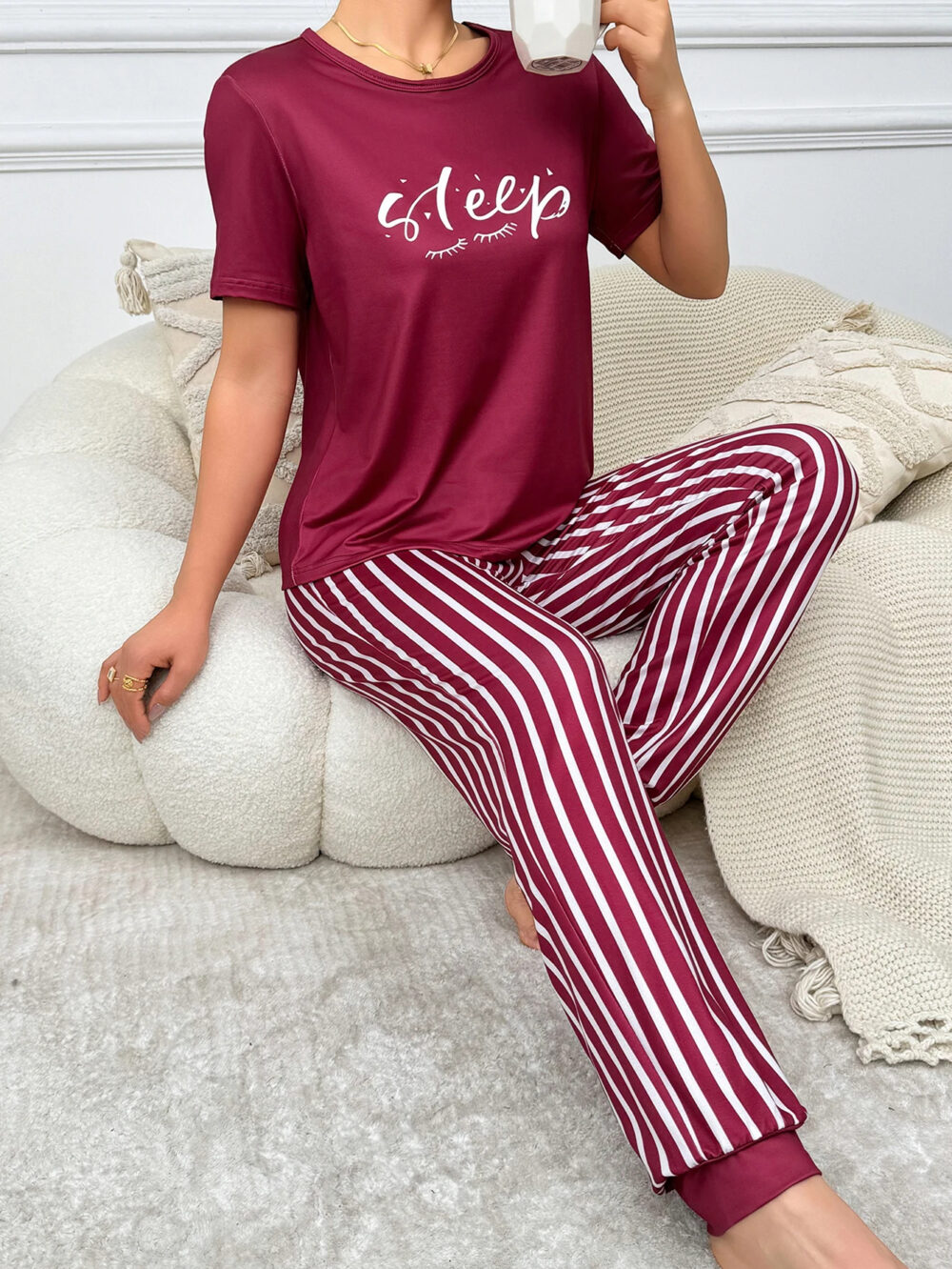 Women's Elegant Dark Red Pajama Set with Sleep Print and White Stripes