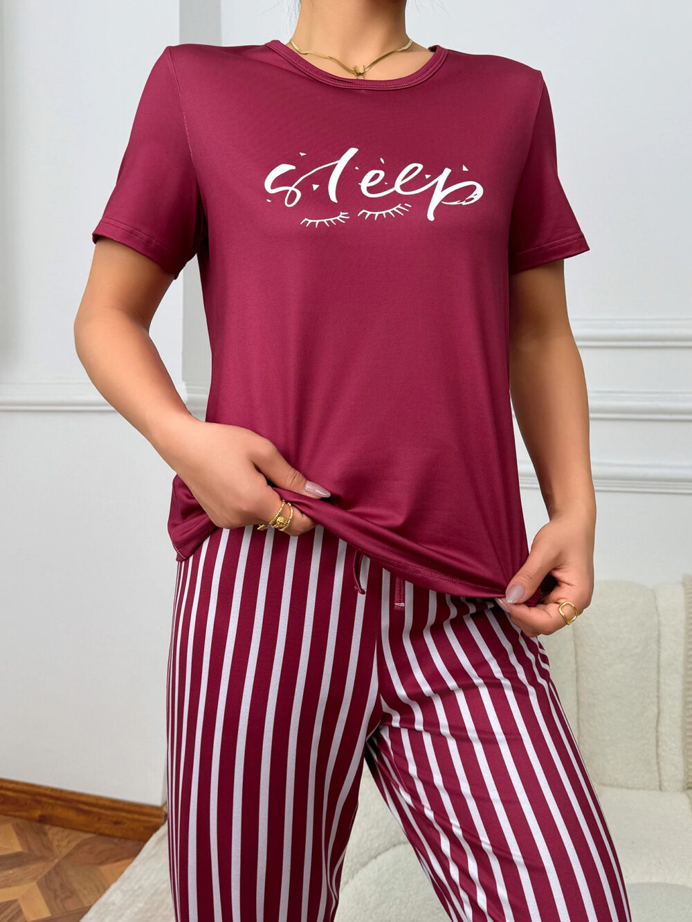 Women's Elegant Dark Red Pajama Set with Sleep Print and White Stripes