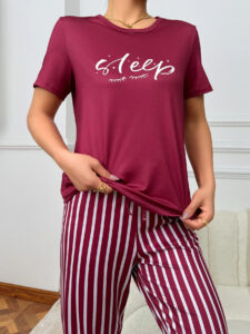 Women's Elegant Dark Red Pajama Set with Sleep Print and White Stripes