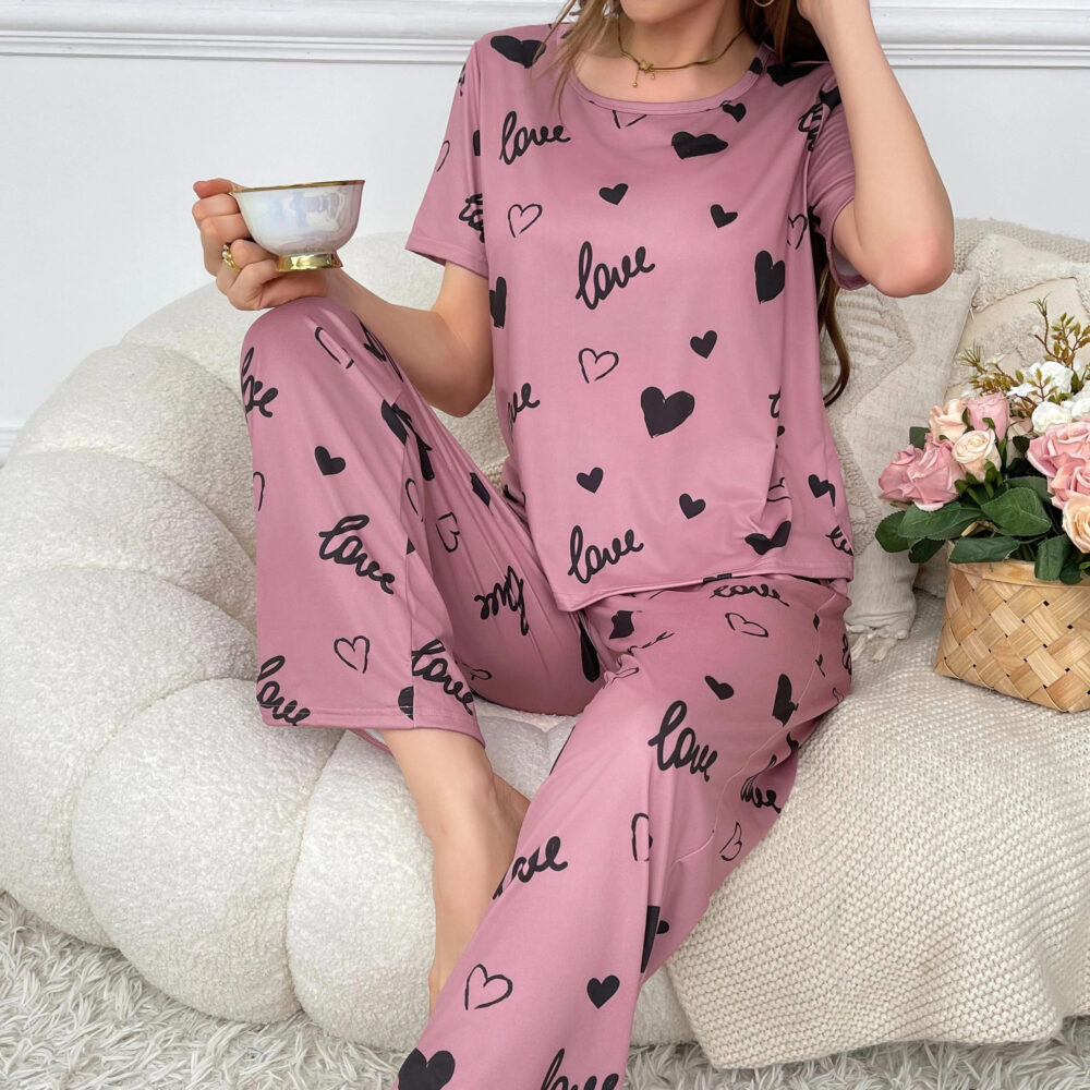 Women's Elegant Light Pink Pajama Set with "Love" Print and Black Hearts