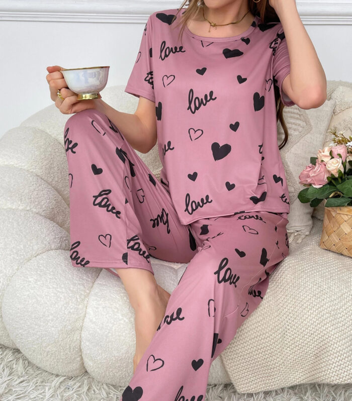 Women's Elegant Light Pink Pajama Set with "Love" Print and Black Hearts