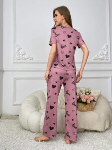 Women's Elegant Light Pink Pajama Set with "Love" Print and Black Hearts