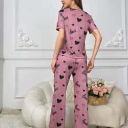 Women's Elegant Light Pink Pajama Set with "Love" Print and Black Hearts