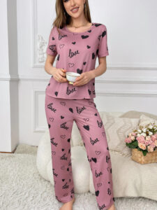 Women's Elegant Light Pink Pajama Set with "Love" Print and Black Hearts