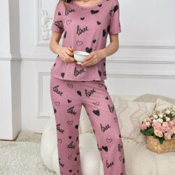 Women's Elegant Light Pink Pajama Set with "Love" Print and Black Hearts