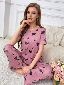 Women's Elegant Light Pink Pajama Set with "Love" Print and Black Hearts