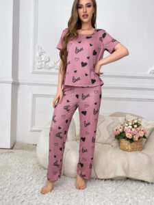 Women's Elegant Light Pink Pajama Set with "Love" Print and Black Hearts