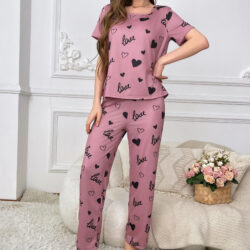 Women's Elegant Light Pink Pajama Set with "Love" Print and Black Hearts