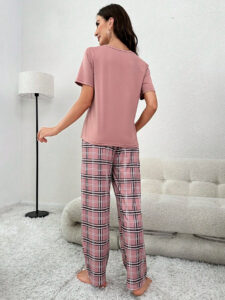 Women's Elegant Light Pink Pajama Set with Square Pocket and Patterned Pants