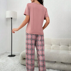 Women's Elegant Light Pink Pajama Set with Square Pocket and Patterned Pants