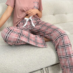 Women's Elegant Light Pink Pajama Set with Square Pocket and Patterned Pants