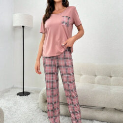 Women's Elegant Light Pink Pajama Set with Square Pocket and Patterned Pants