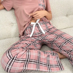 Women's Elegant Light Pink Pajama Set with Square Pocket and Patterned Pants