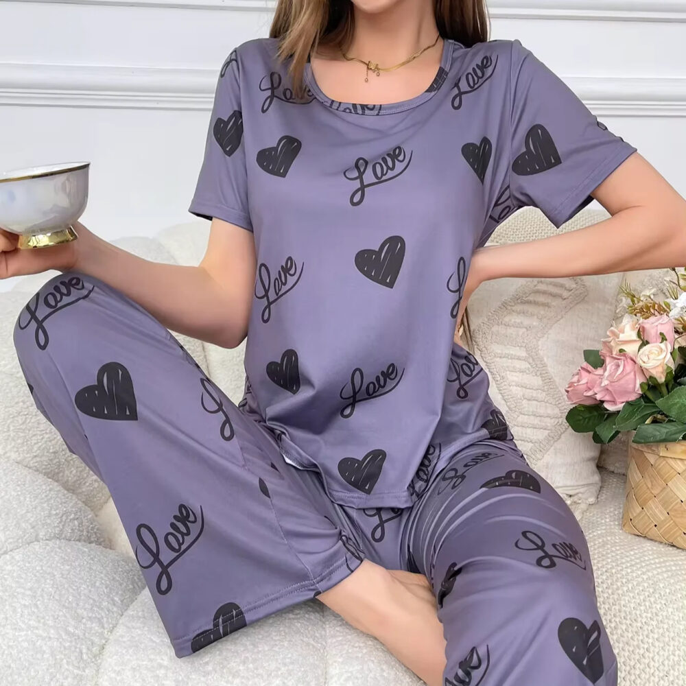 Women's Elegant Purple Pajama Set with Heart Prints and Love Text