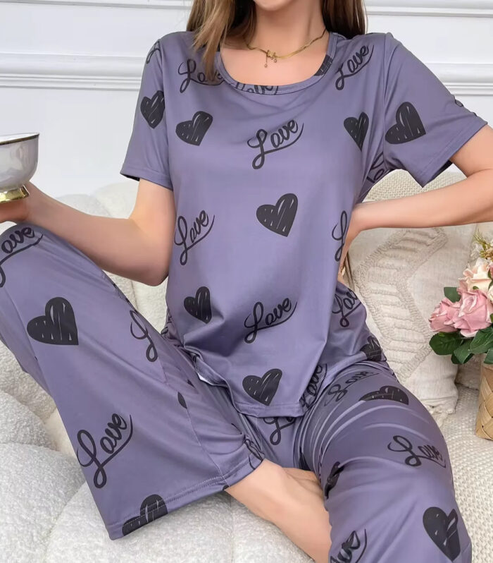 Women's Elegant Purple Pajama Set with Heart Prints and Love Text