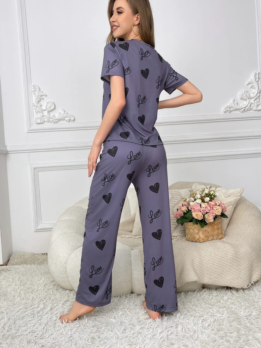 Women's Elegant Purple Pajama Set with Heart Prints and Love Text