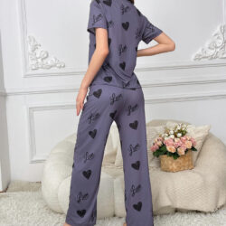 Women's Elegant Purple Pajama Set with Heart Prints and Love Text