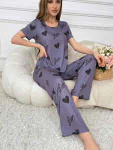 Women's Elegant Purple Pajama Set with Heart Prints and Love Text