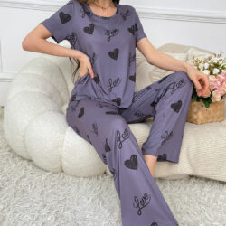 Women's Elegant Purple Pajama Set with Heart Prints and Love Text