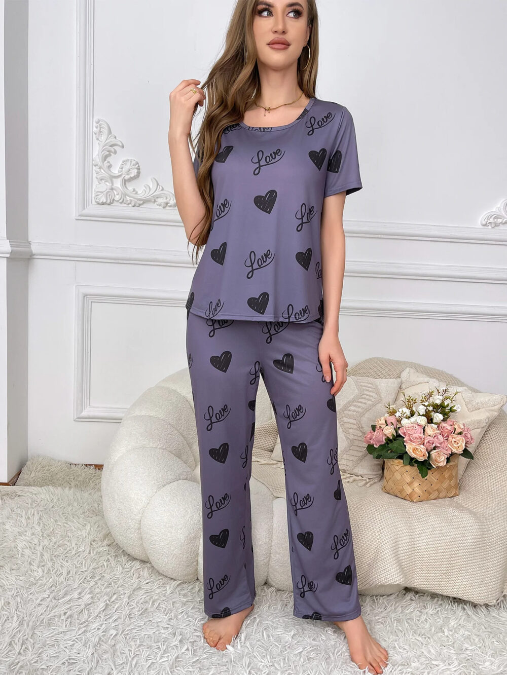 Women's Elegant Purple Pajama Set with Heart Prints and Love Text