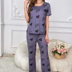 Women's Elegant Purple Pajama Set with Heart Prints and Love Text
