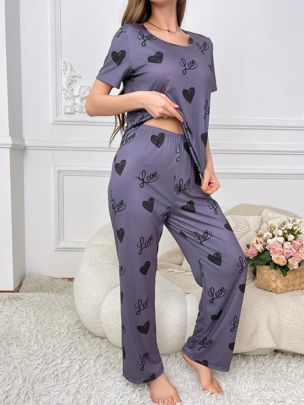 Women's Elegant Purple Pajama Set with Heart Prints and Love Text