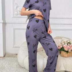 Women's Elegant Purple Pajama Set with Heart Prints and Love Text