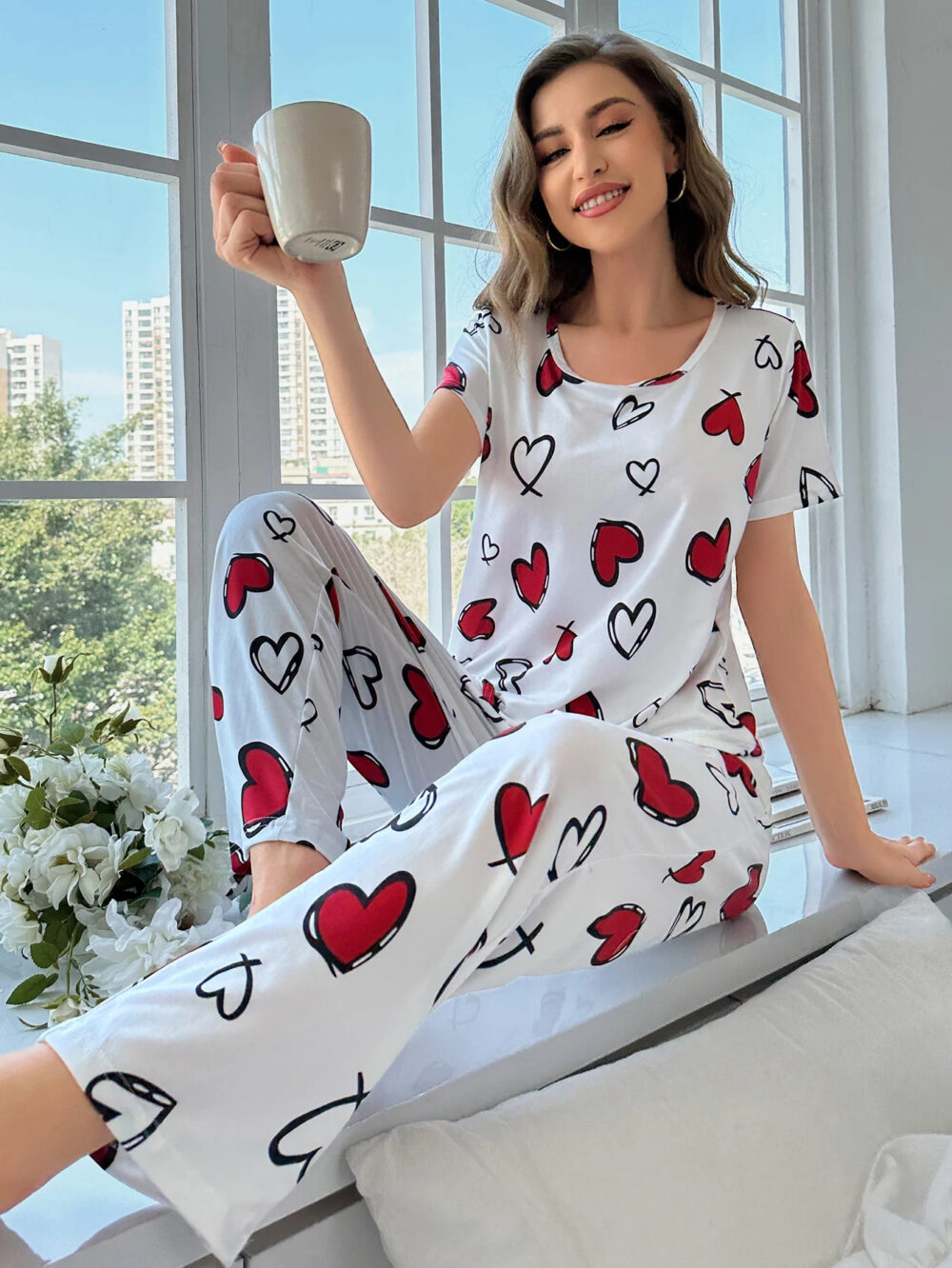 Women's Elegant White Pajama Set with Red Hearts