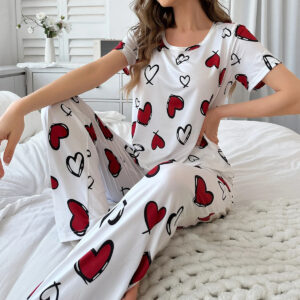 Women's Elegant White Pajama Set with Red Hearts