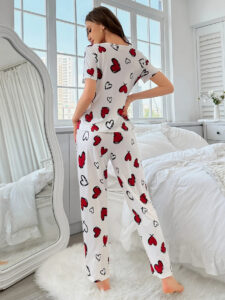 Women's Elegant White Pajama Set with Red Hearts