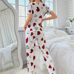 Women's Elegant White Pajama Set with Red Hearts