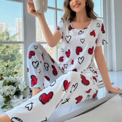 Women's Elegant White Pajama Set with Red Hearts