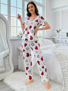 Women's Elegant White Pajama Set with Red Hearts