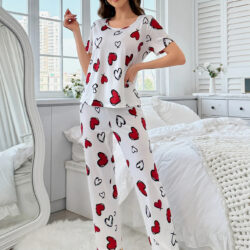 Women's Elegant White Pajama Set with Red Hearts