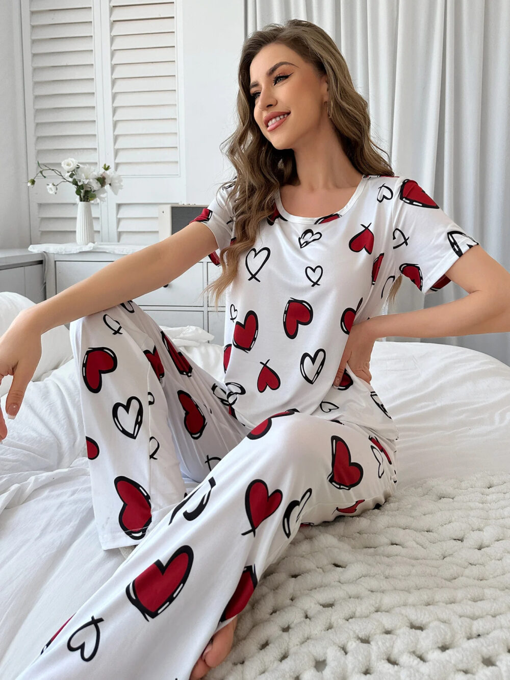 Women's Elegant White Pajama Set with Red Hearts