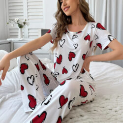 Women's Elegant White Pajama Set with Red Hearts