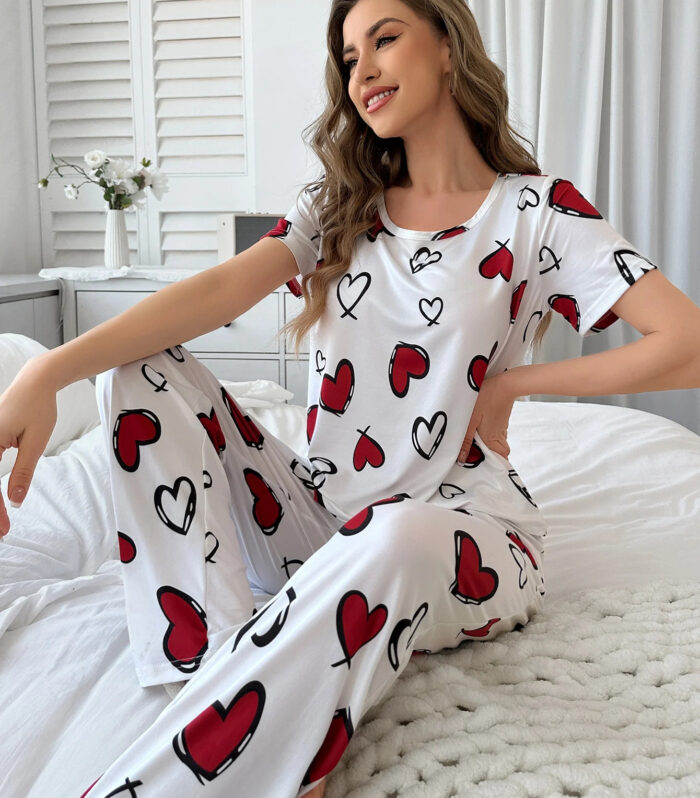 Women's Elegant White Pajama Set with Red Hearts