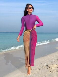 Women's Light Purple Burkini Set - Slim Pants, Long Sleeves, and Colorful Apron