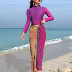 Women's Light Purple Burkini Set - Slim Pants, Long Sleeves, and Colorful Apron