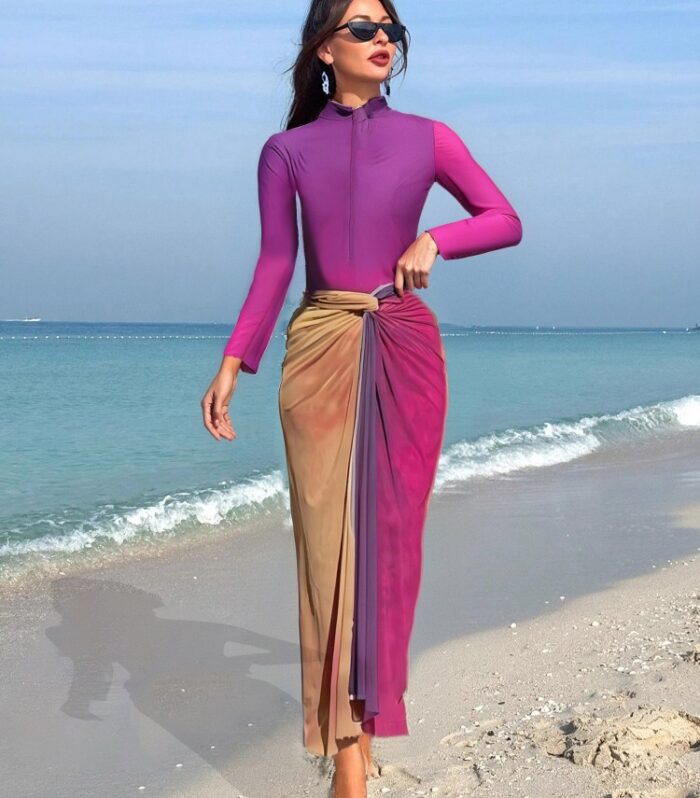 Women's Light Purple Burkini Set - Slim Pants, Long Sleeves, and Colorful Apron