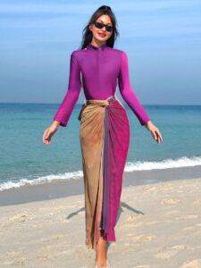 Women's Light Purple Burkini Set - Slim Pants, Long Sleeves, and Colorful Apron