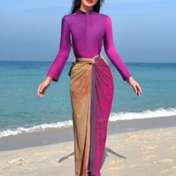 Women's Light Purple Burkini Set - Slim Pants, Long Sleeves, and Colorful Apron