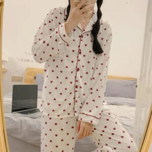 Women's Multi-Color Pajama Set with Red Hearts Print