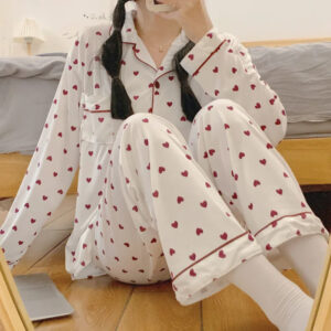 Women's Multi-Color Pajama Set with Red Hearts Print