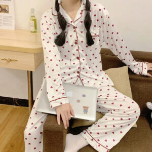 Women's Multi-Color Pajama Set with Red Hearts Print